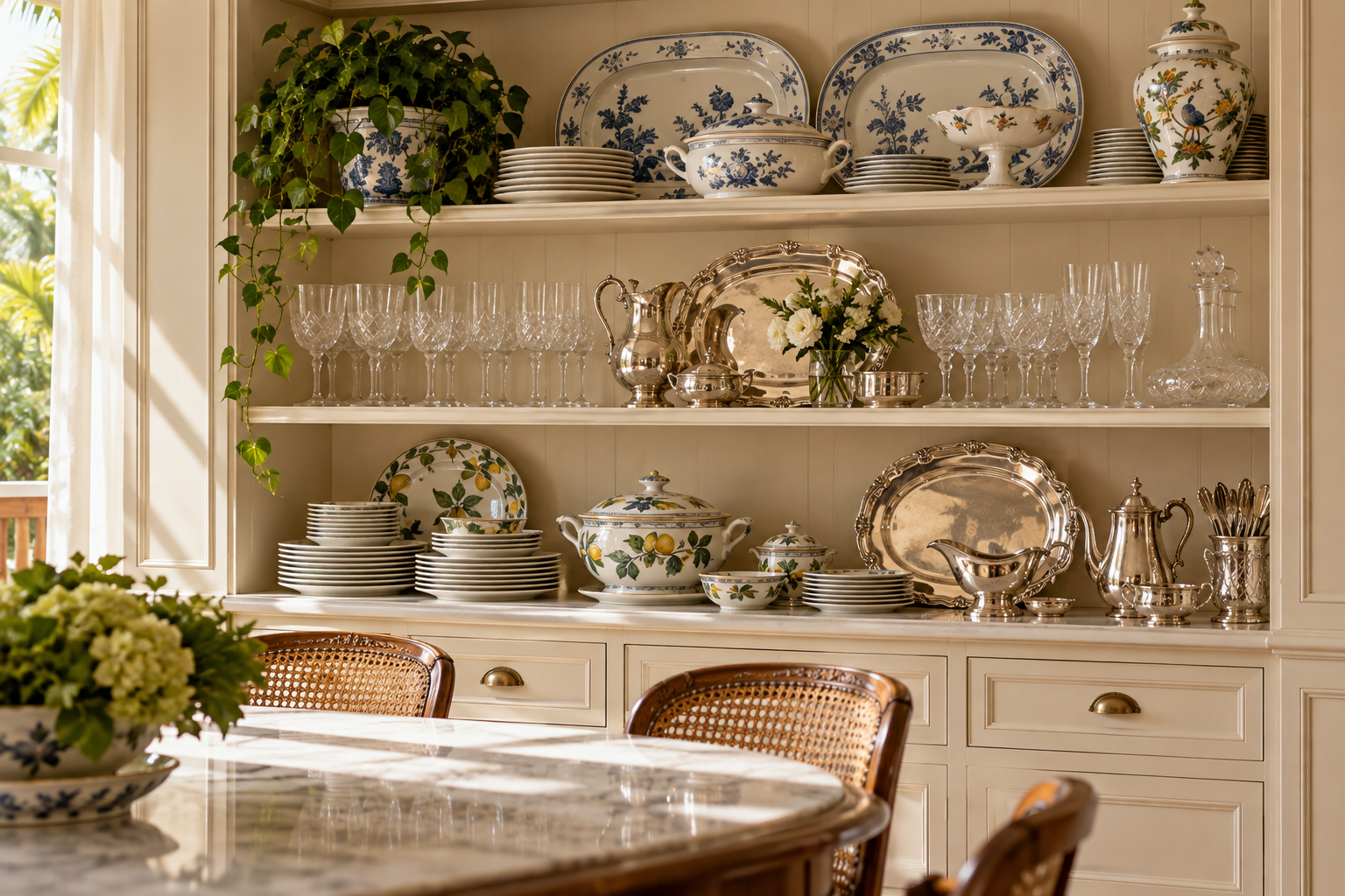 Louceiro elegante com porcelanas, taças e peças de servir